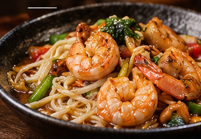 Illustrative image of an Asian-style shrimp and noodle dish